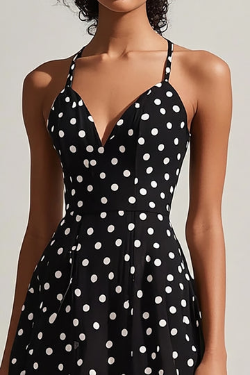 A Line Spaghetti Straps Black White Polka Dots Dress